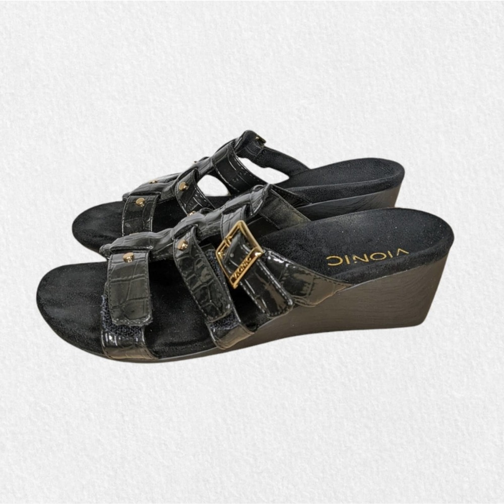 Vionic Black Patent Leather Wedge Sandals